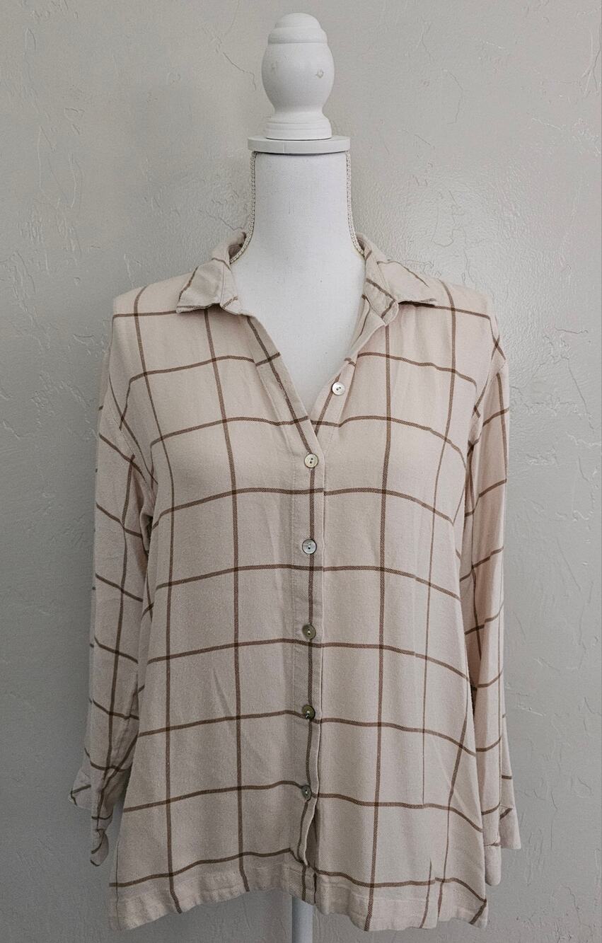 J.Jill Cream Plaid Oversized Button Up Top Petite